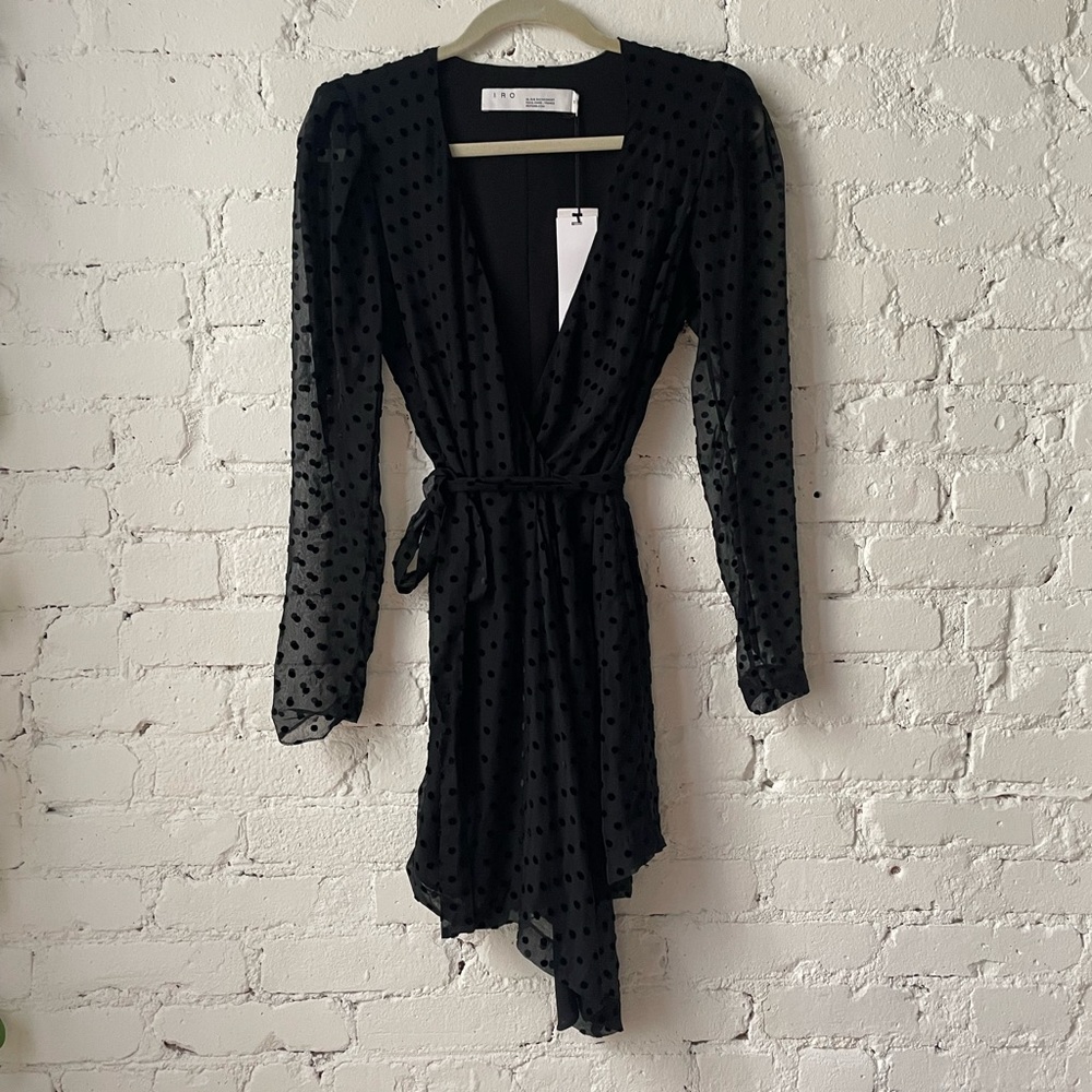 IRO Sexy, Filmy Black Swiss-Dot Mini Wrap Dress - SZ: 34
